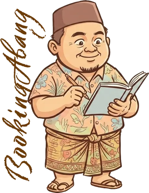 Abang, the BookingAbang helper, holding an open booking notebook